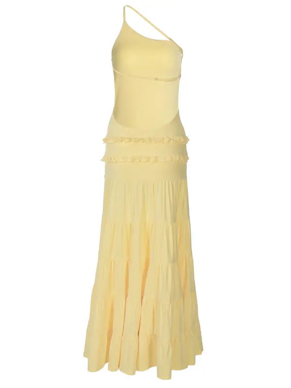 butter yellow maternity dress backless one shoulder tiered ruffle maxi summer baby shower dress