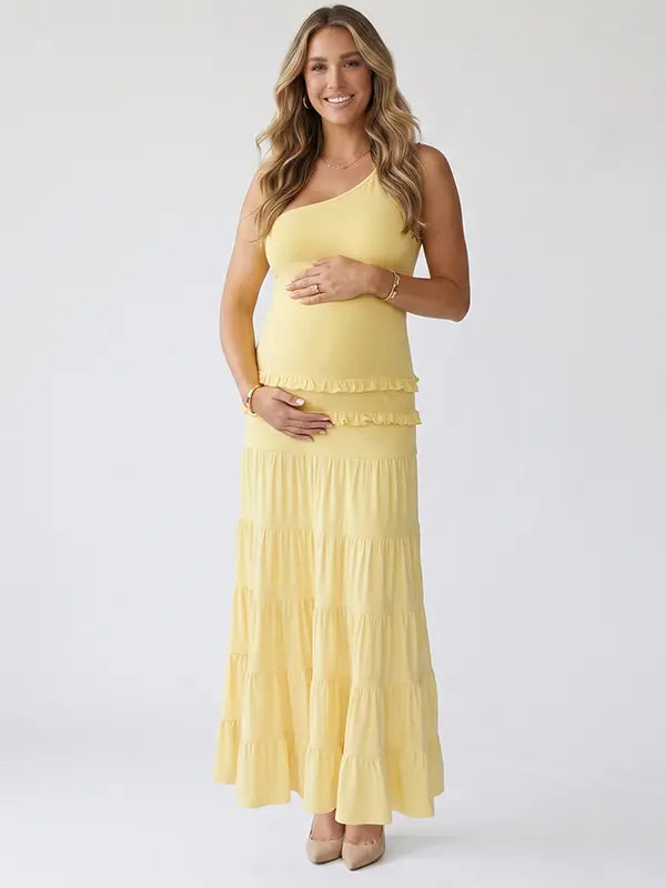 butter yellow maternity dress backless one shoulder tiered ruffle maxi summer baby shower dress