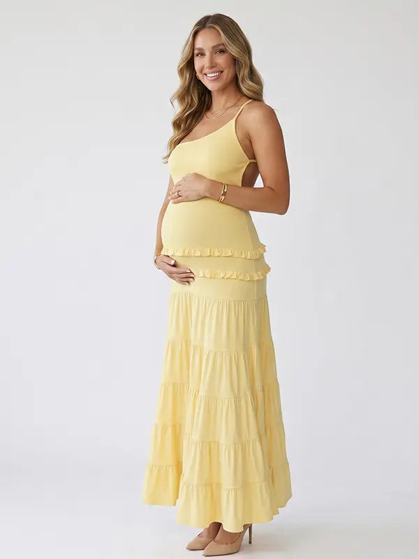 butter yellow maternity dress backless one shoulder tiered ruffle maxi summer baby shower dress