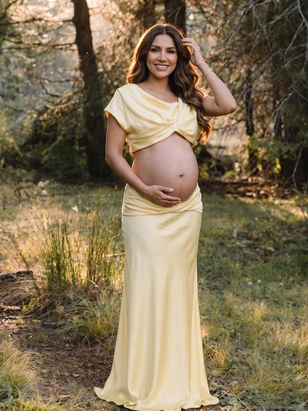 Butter Yellow Draped Two-Piece Maternity Maxi Set — Editorial Photoshoot Gown