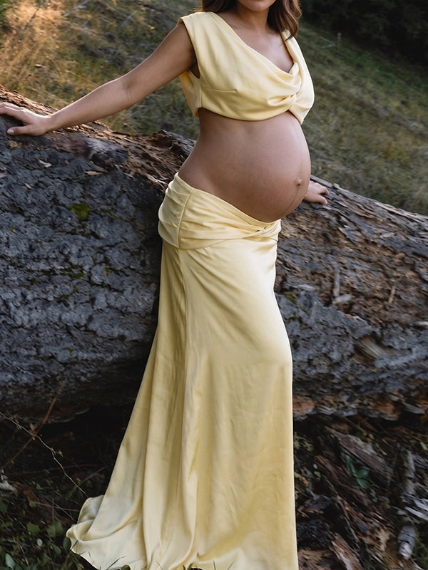 Butter Yellow Draped Two-Piece Maternity Maxi Set — Editorial Photoshoot Gown