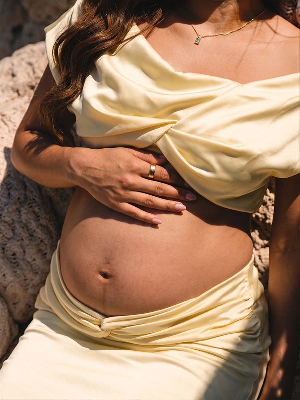 Butter Yellow Draped Two-Piece Maternity Maxi Set — Editorial Photoshoot Gown