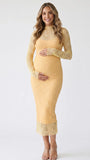 Butter Yellow Long-Sleeve Floral Lace Two Piece Maternity Midi Dress
