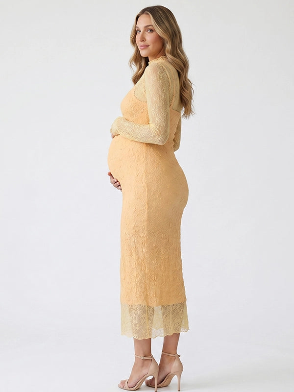 Butter Yellow Long-Sleeve Floral Lace Two Piece Maternity Midi Dress
