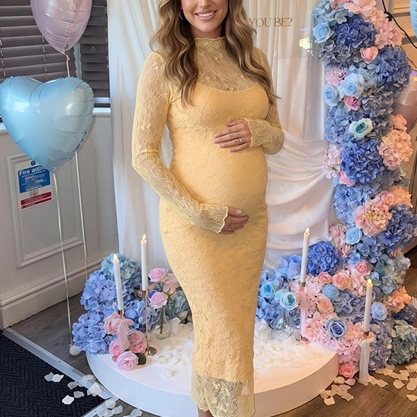 Butter Yellow Long-Sleeve Floral Lace Two Piece Maternity Midi Dress
