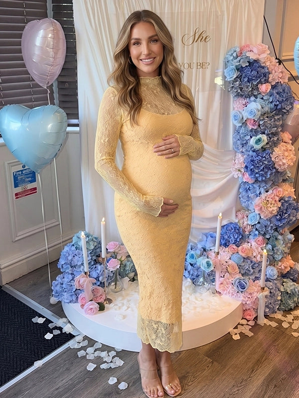 Butter Yellow Long-Sleeve Floral Lace Two Piece Maternity Midi Dress