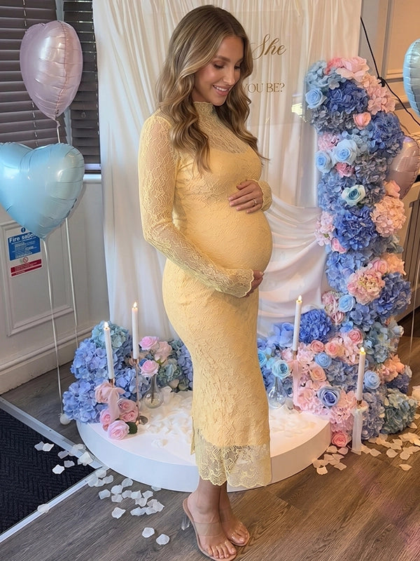Butter Yellow Long-Sleeve Floral Lace Two Piece Maternity Midi Dress