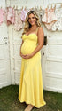 butter yellow maternity maxi dress sleeveless cross back adjustable straps stretch baby shower dress maternity photoshoot gown