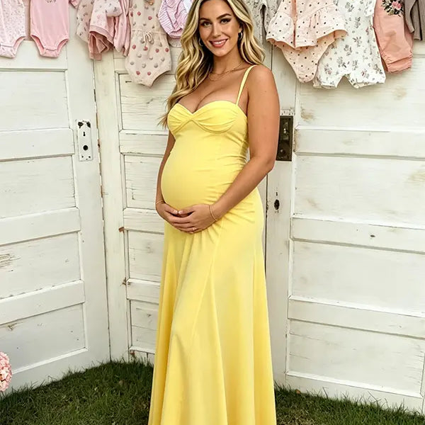 butter yellow maternity maxi dress sleeveless cross back adjustable straps stretch baby shower dress maternity photoshoot gown