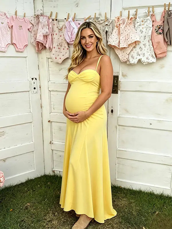 butter yellow maternity maxi dress sleeveless cross back adjustable straps stretch baby shower dress maternity photoshoot gown