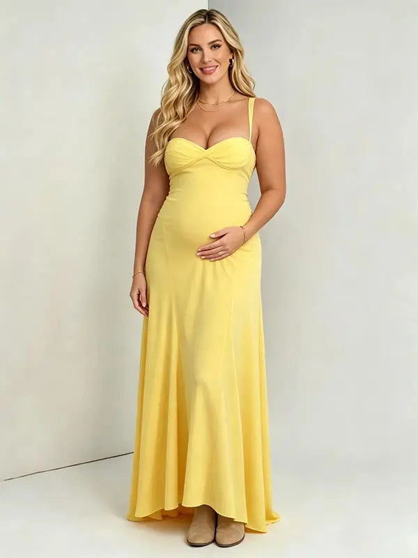butter yellow maternity maxi dress sleeveless cross back adjustable straps stretch baby shower dress maternity photoshoot gown