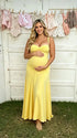 butter yellow maternity maxi dress sleeveless cross back adjustable straps stretch baby shower dress maternity photoshoot gown