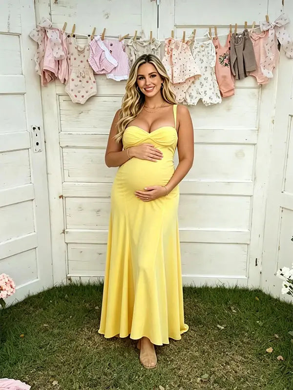 butter yellow maternity maxi dress sleeveless cross back adjustable straps stretch baby shower dress maternity photoshoot gown