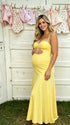 butter yellow maternity maxi dress sleeveless cross back adjustable straps stretch baby shower dress maternity photoshoot gown