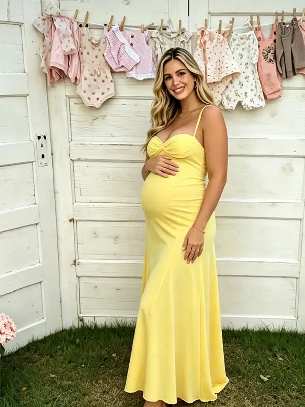 butter yellow maternity maxi dress sleeveless cross back adjustable straps stretch baby shower dress maternity photoshoot gown