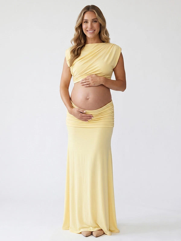 Butter Yellow Mock-Neck Ruched Crop Two Piece Maternity Maxi Gown
