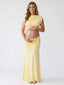 Butter Yellow Mock-Neck Ruched Crop Two Piece Maternity Maxi Gown