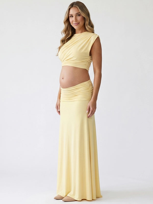 Butter Yellow Mock-Neck Ruched Crop Two Piece Maternity Maxi Gown