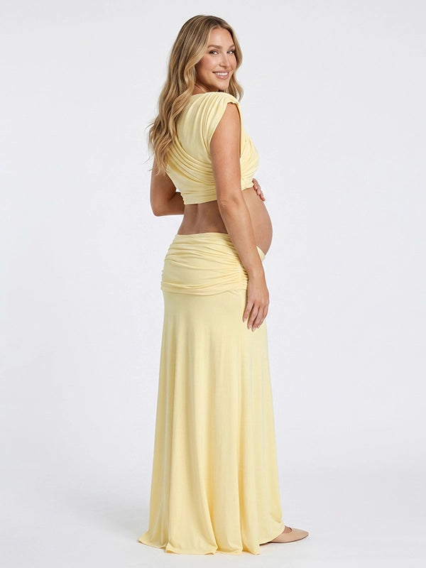 Butter Yellow Mock-Neck Ruched Crop Two Piece Maternity Maxi Gown