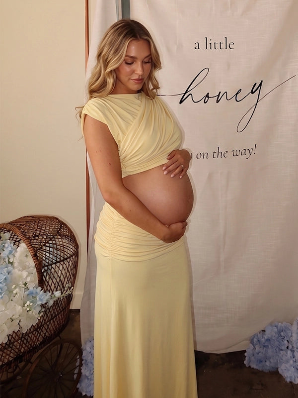 Butter Yellow Mock-Neck Ruched Crop Two Piece Maternity Maxi Gown
