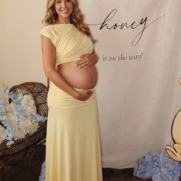 Butter Yellow Mock-Neck Ruched Crop Two Piece Maternity Maxi Gown