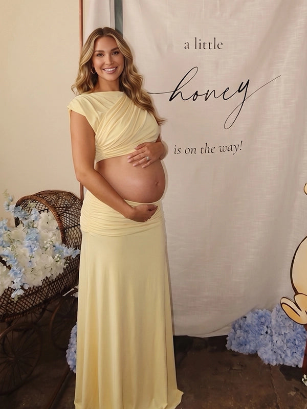 Butter Yellow Mock-Neck Ruched Crop Two Piece Maternity Maxi Gown