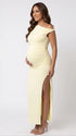 Butter Yellow One-Shoulder Maternity Midi Dress – Milk Silk Bodycon Side Slit Summer Dress