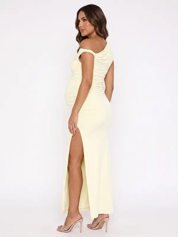 Butter Yellow One-Shoulder Maternity Midi Dress – Milk Silk Bodycon Side Slit Summer Dress