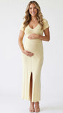 Butter Yellow Ribbed Knit Short Sleeve Slit Maternity Maxi Dress