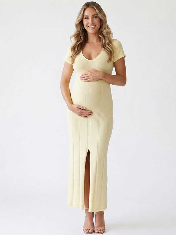 Butter Yellow Ribbed Knit Short Sleeve Slit Maternity Maxi Dress