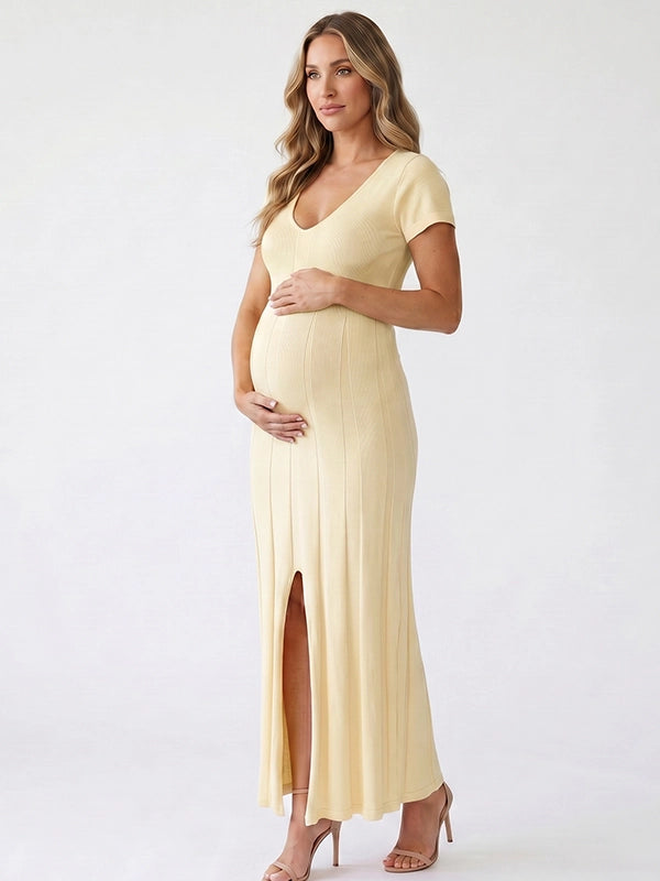 Butter Yellow Ribbed Knit Short Sleeve Slit Maternity Maxi Dress