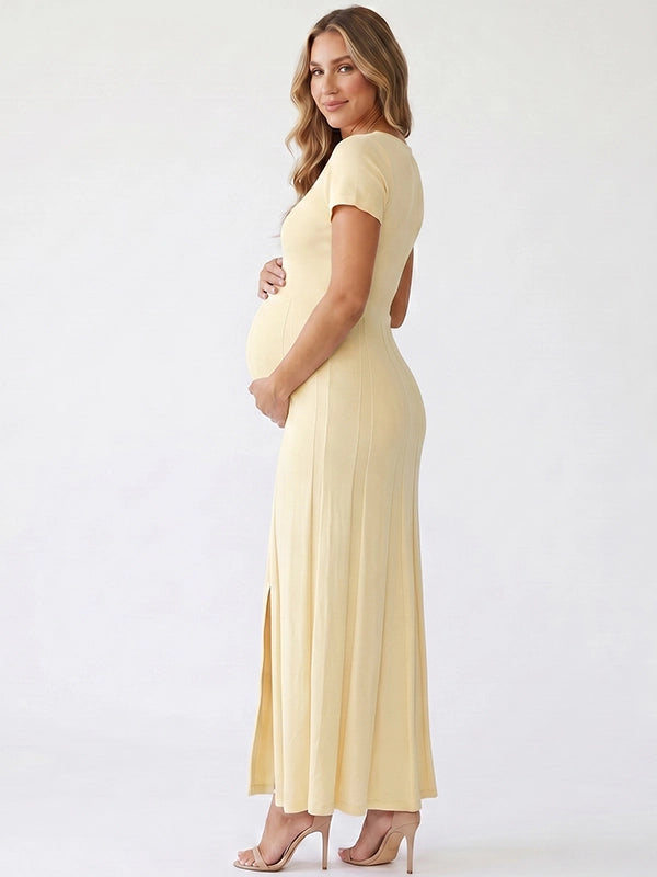 Butter Yellow Ribbed Knit Short Sleeve Slit Maternity Maxi Dress