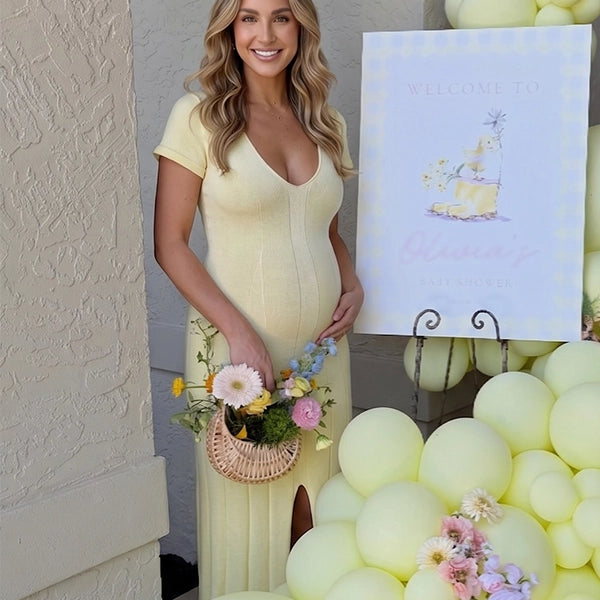 Butter Yellow Ribbed Knit Short Sleeve Slit Maternity Maxi Dress
