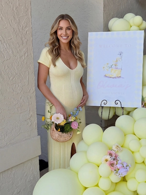 Butter Yellow Ribbed Knit Short Sleeve Slit Maternity Maxi Dress