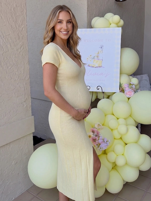 Butter Yellow Ribbed Knit Short Sleeve Slit Maternity Maxi Dress