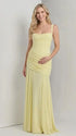 Butter Yellow ruched corset maternity maxi dress with adjustable straps, made from high-stretch milk silk fabric, elegant backless baby shower gown for maternity photoshoot and special occasions.