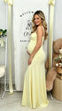 Butter Yellow ruched corset maternity maxi dress with adjustable straps, made from high-stretch milk silk fabric, elegant backless baby shower gown for maternity photoshoot and special occasions.