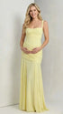 Butter Yellow ruched corset maternity maxi dress with adjustable straps, made from high-stretch milk silk fabric, elegant backless baby shower gown for maternity photoshoot and special occasions.