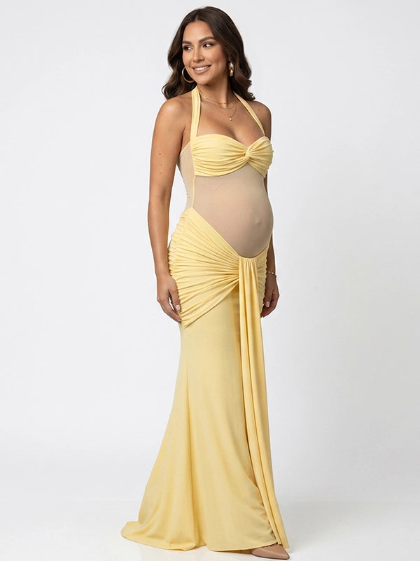 Butter Yellow Sheer Mesh Ruched Draped Halter Maternity Maxi Dress