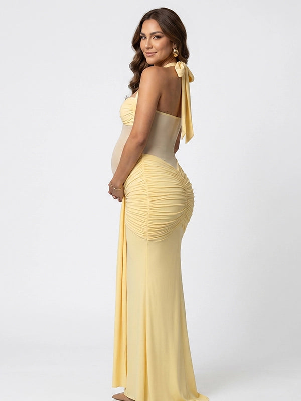 Butter Yellow Sheer Mesh Ruched Draped Halter Maternity Maxi Dress