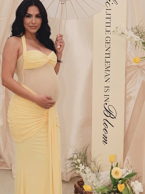 Butter Yellow Sheer Mesh Ruched Draped Halter Maternity Maxi Dress