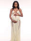 Butter Yellow Sheer Tulle Goddess Maternity Gown — Rhinestone Chain Halter Maxi Dress