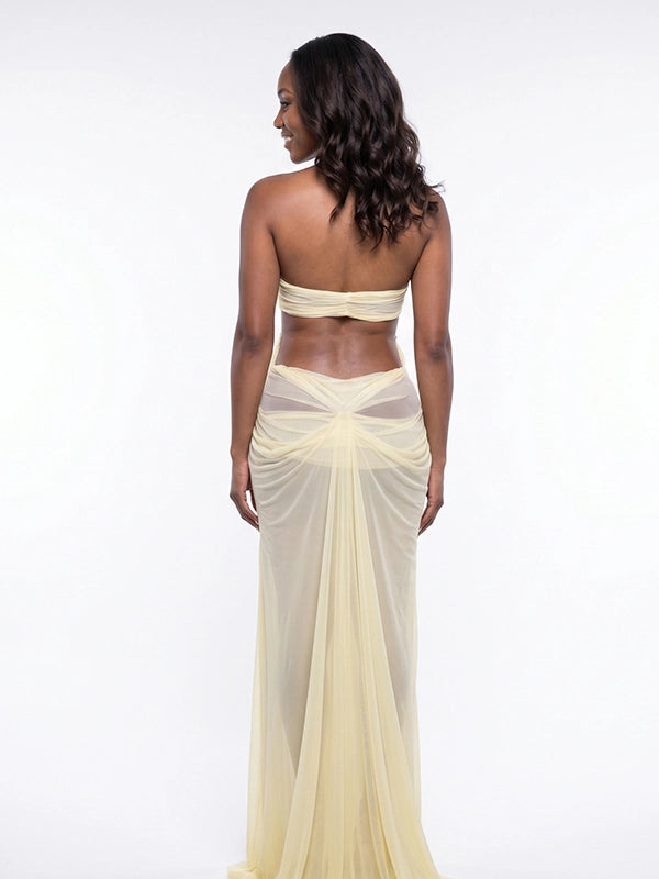 Butter Yellow Sheer Tulle Goddess Maternity Gown — Rhinestone Chain Halter Maxi Dress
