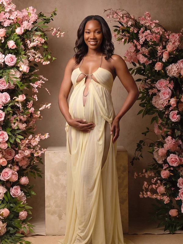 Butter Yellow Sheer Tulle Goddess Maternity Gown — Rhinestone Chain Halter Maxi Dress