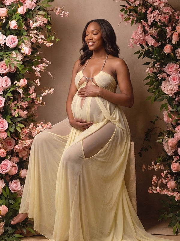 Butter Yellow Sheer Tulle Goddess Maternity Gown — Rhinestone Chain Halter Maxi Dress