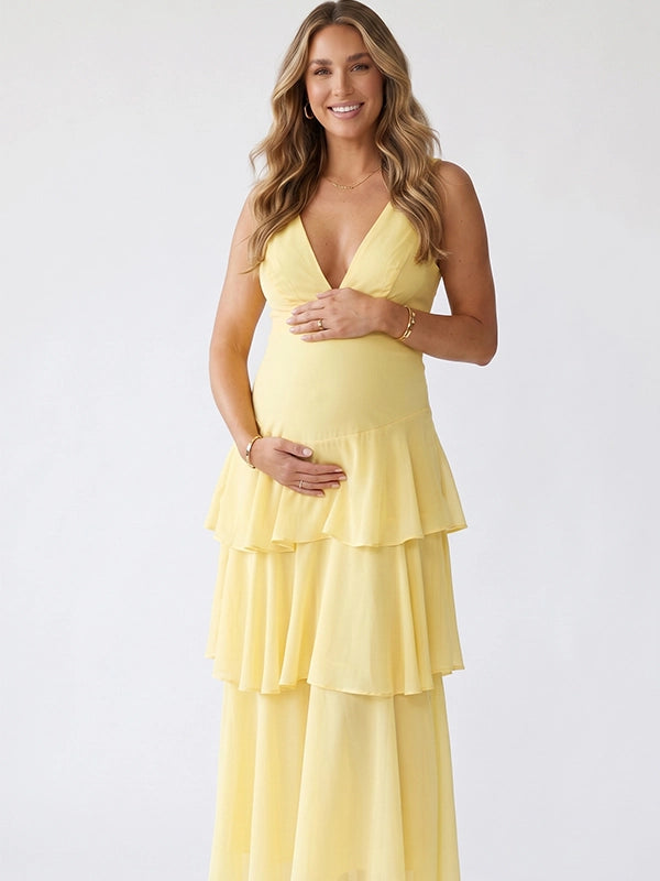 Butter Yellow Tiered Ruffle Backless Maternity Maxi Dress