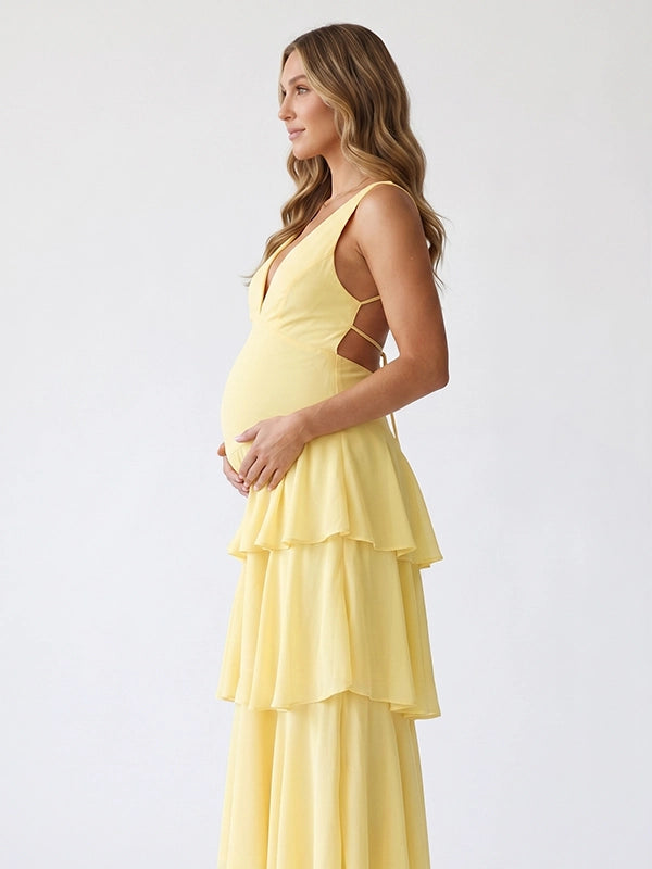 Butter Yellow Tiered Ruffle Backless Maternity Maxi Dress