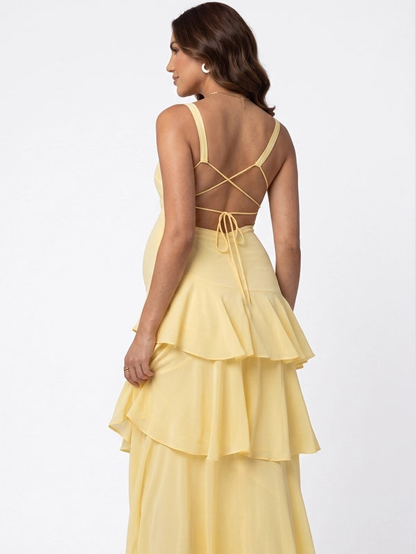 Butter Yellow Tiered Ruffle Backless Maternity Maxi Dress