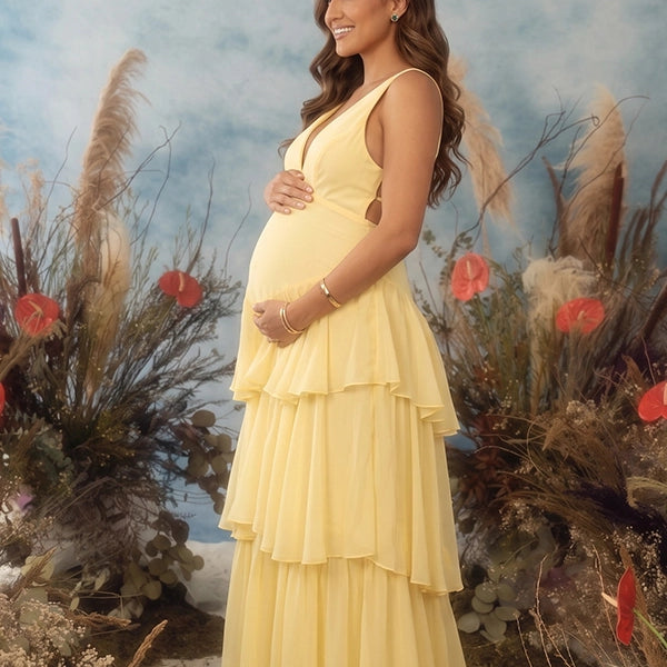 Butter Yellow Tiered Ruffle Backless Maternity Maxi Dress