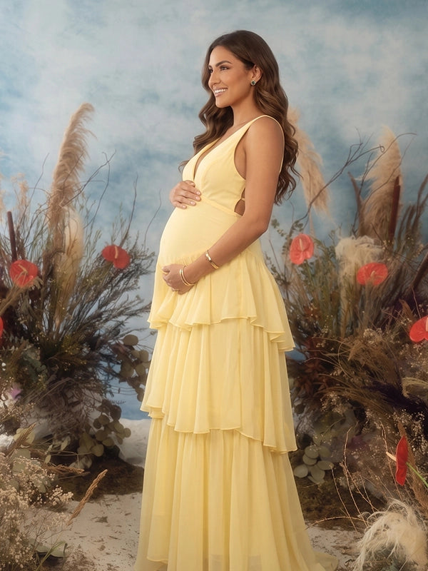 Butter Yellow Tiered Ruffle Backless Maternity Maxi Dress
